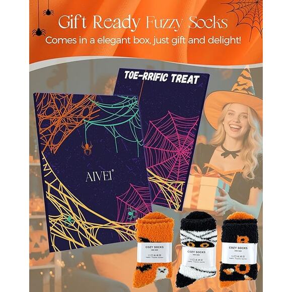 Halloween Fuzzy Socks Women Girls 3 Pack Buttery Soft 72 Needle Cozy Slippers - Picture 3 of 6